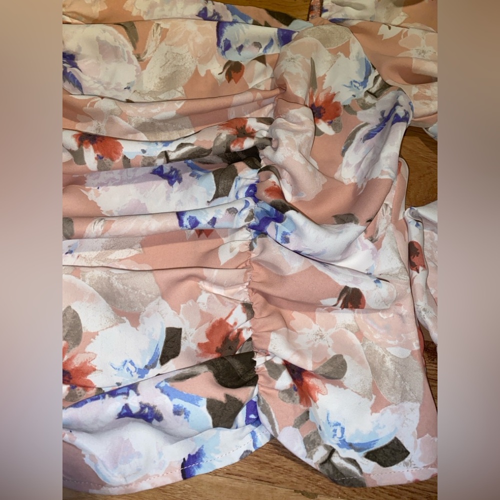 Express Floral Print Ruched Puff Sleeve Square Neck Off Shoulder Top Large - Picture 10 of 12